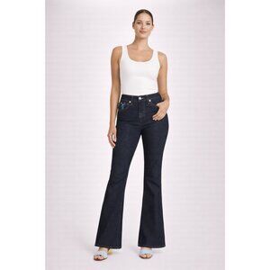 True Religion Joey Asymmetrical Seam Flare Jeans Dark Wash Blue Foil Accents